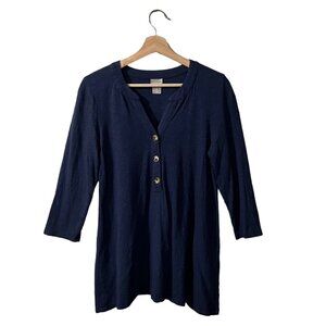 Chicos Henley Top Size 0 Small Navy Blue Button Front 3/4 Sleeve Blouse 57025686